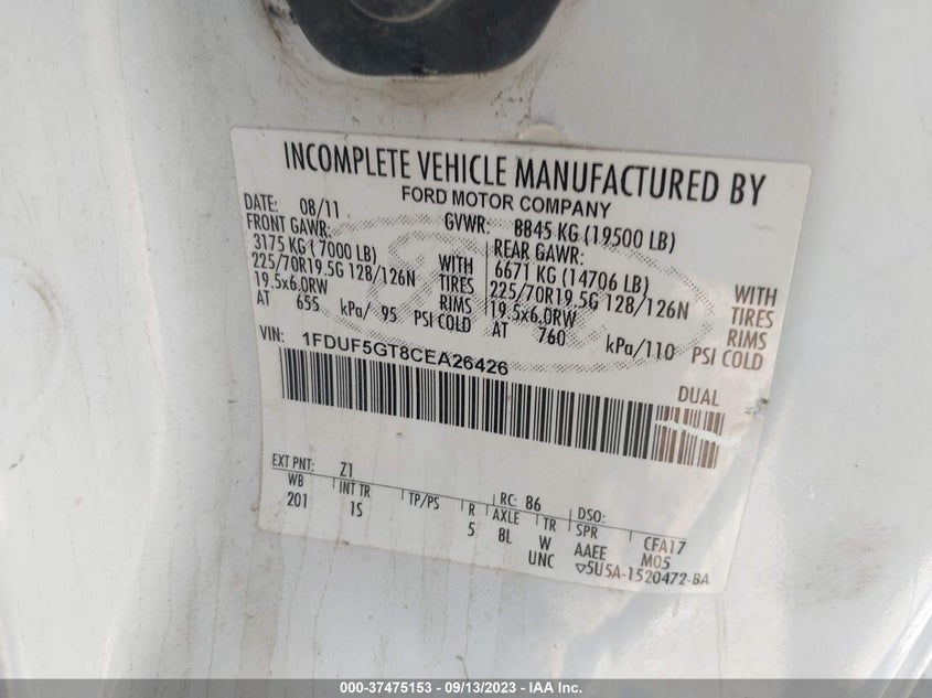 2012 Ford F-550 Chassis Xl VIN: 1FDUF5GT8CEA26426 Lot: 37475153