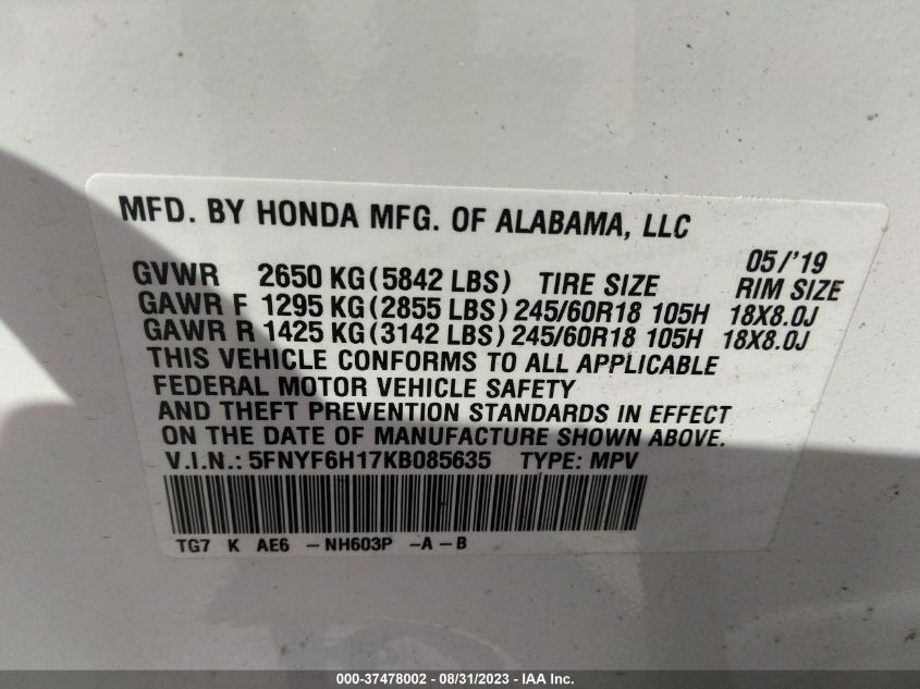 2019 Honda Pilot Lx VIN: 5FNYF6H17KB085635 Lot: 37478002