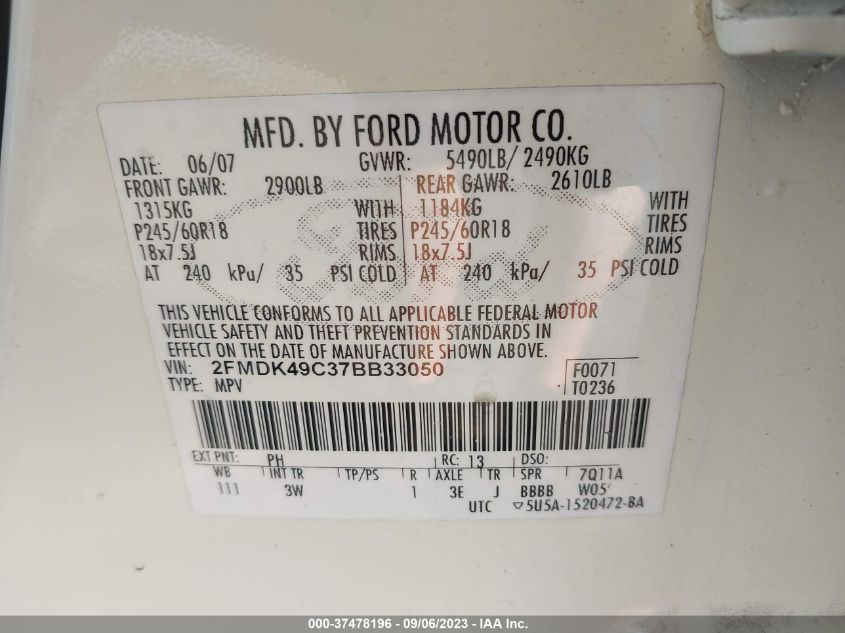 2FMDK49C37BB33050 2007 Ford Edge Sel Plus