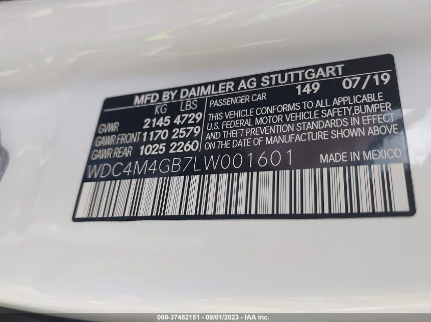 2020 Mercedes-Benz Glb Glb 250 VIN: WDC4M4GB7LW001601 Lot: 37482151