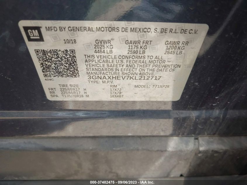 2019 Chevrolet Equinox Ls VIN: 3GNAXHEV7KL212717 Lot: 37482475