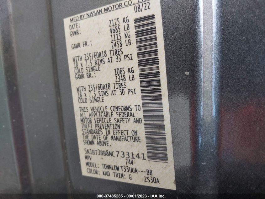 2022 Nissan Rogue Sv VIN: 5N1BT3BB8NC733141 Lot: 37485285