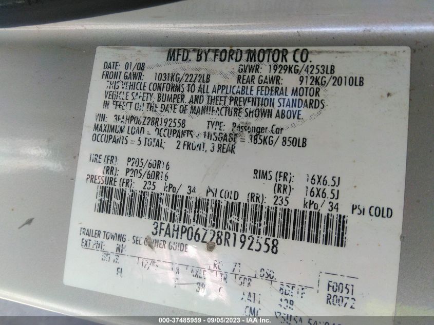 3FAHP06Z28R192558 2008 Ford Fusion S