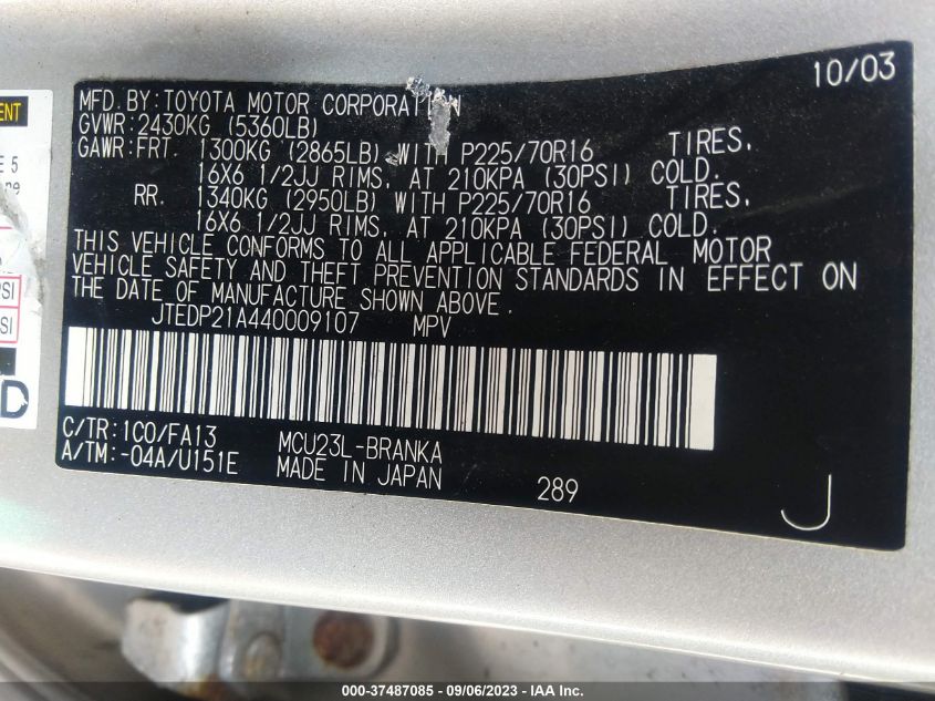 JTEDP21A440009107 2004 Toyota Highlander V6