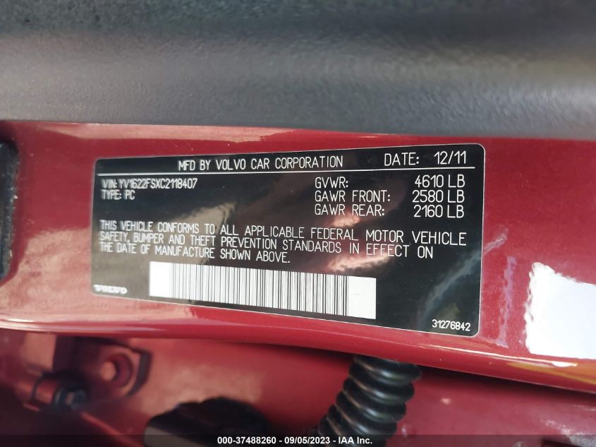 2012 Volvo S60 T5 VIN: YV1622FSXC2118407 Lot: 37488260