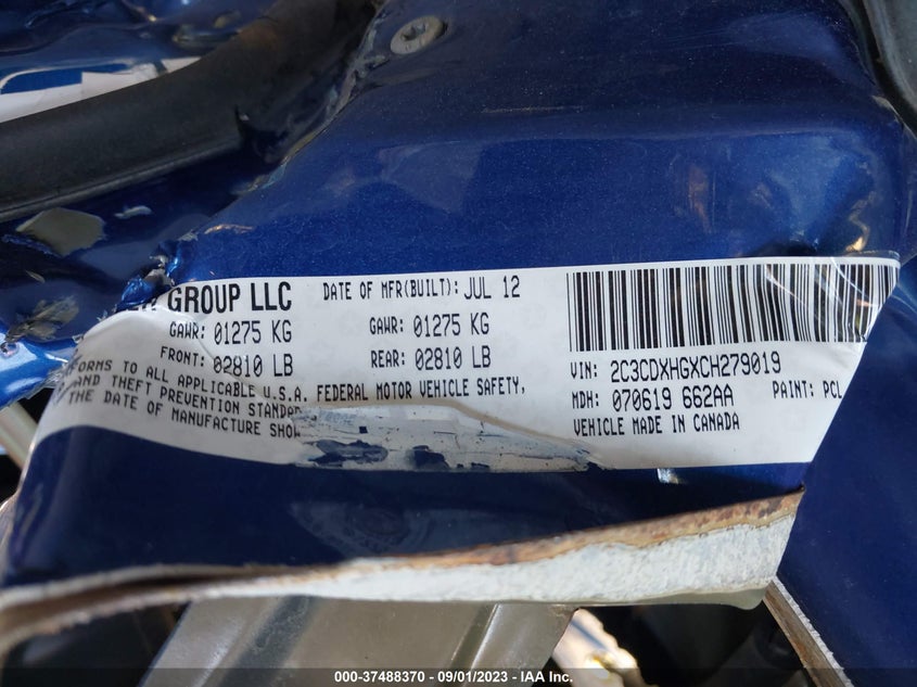 2012 Dodge Charger Sxt VIN: 2C3CDXHGXCH279019 Lot: 37488370