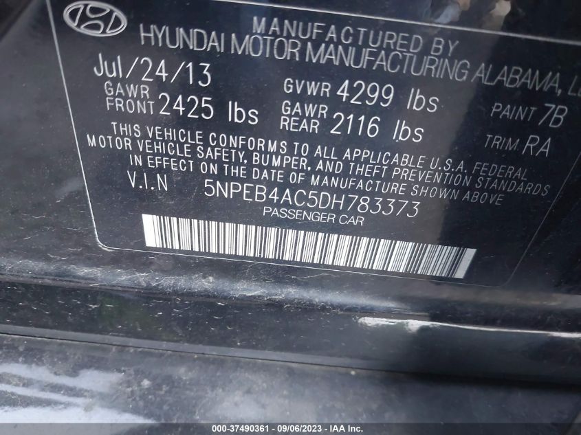 5NPEB4AC5DH783373 2013 Hyundai Sonata Gls