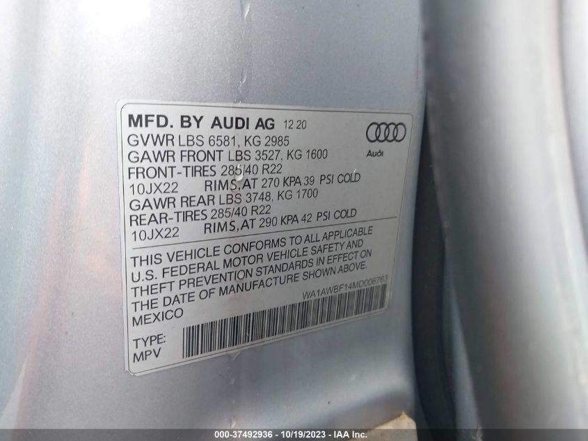 WA1AWBF14MD006763 2021 Audi Sq8 Premium Plus Tfsi Quattro Tiptronic