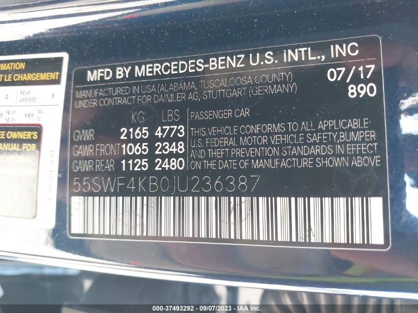 2018 Mercedes-Benz C 300 4Matic VIN: 55SWF4KB0JU236387 Lot: 37493292