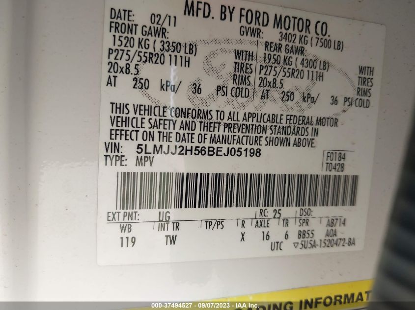 2011 Lincoln Navigator VIN: 5LMJJ2H56BEJ05198 Lot: 37494527