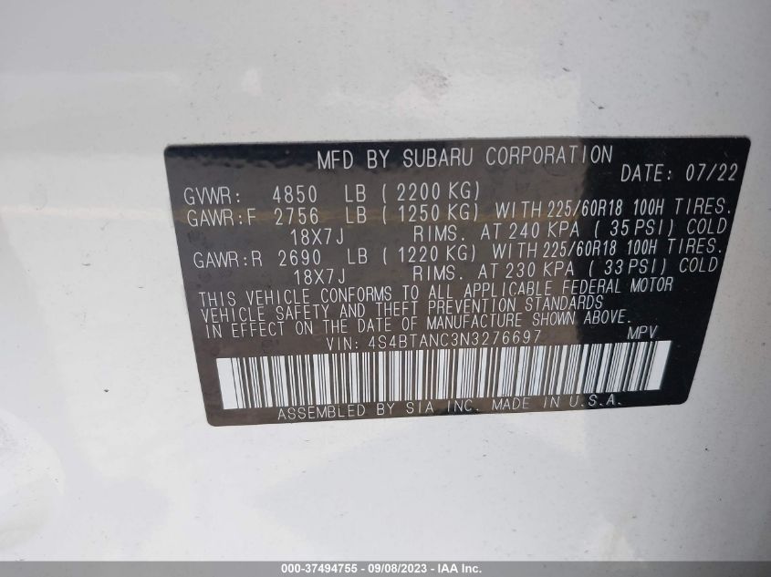 2022 Subaru Outback Limited VIN: 4S4BTANC3N3276697 Lot: 37494755