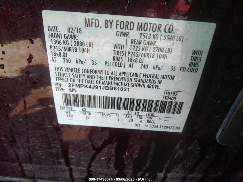 2FMPK4J91JBB61031 2018 Ford Edge Sel