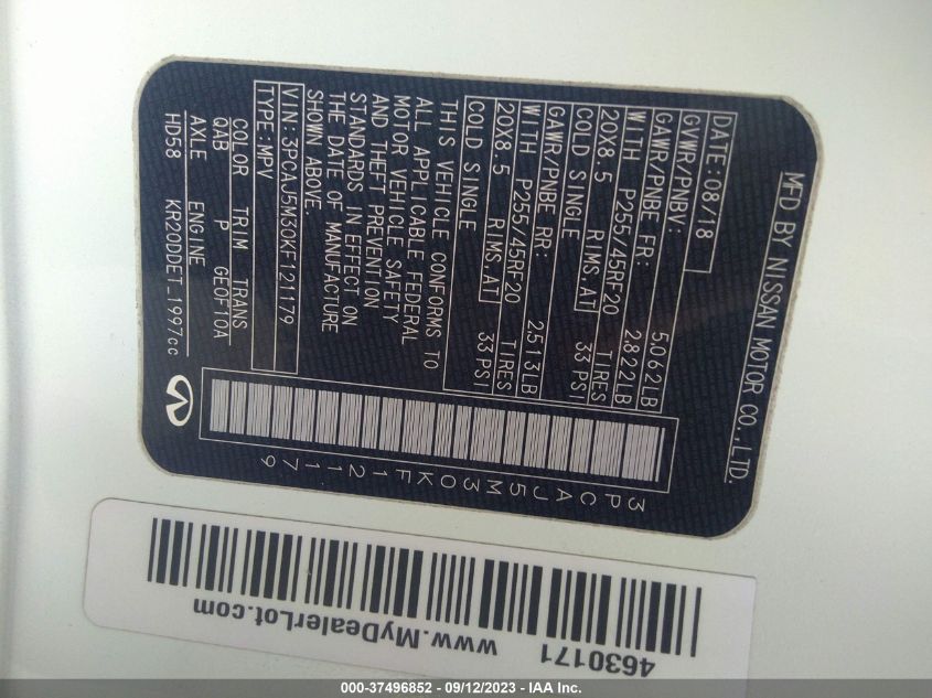 2019 Infiniti Qx50 VIN: 3PCAJ5M30KF121179 Lot: 37496852