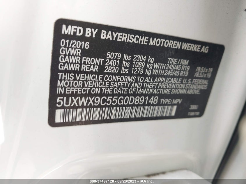 2016 BMW X3 VIN: 5UXWX9C55G0D89148
