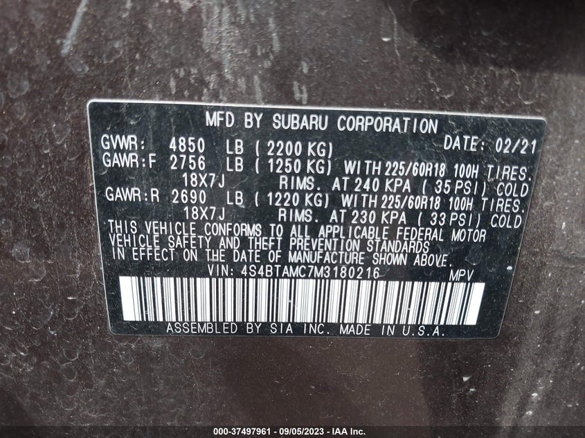 2021 SUBARU OUTBACK VIN: 4S4BTAMC7M3180216