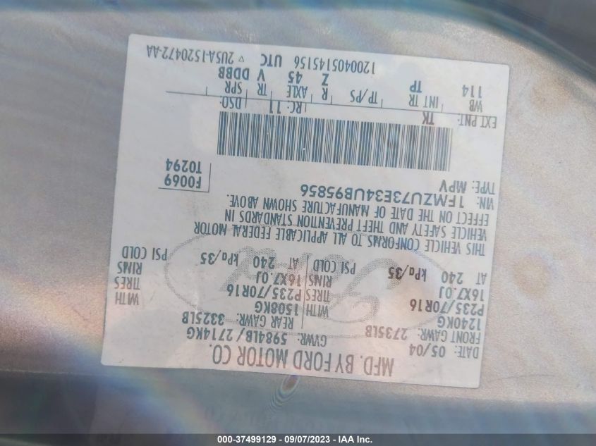 2004 Ford Explorer Nbx/Xlt VIN: 1FMZU73E34UB95856 Lot: 37499129