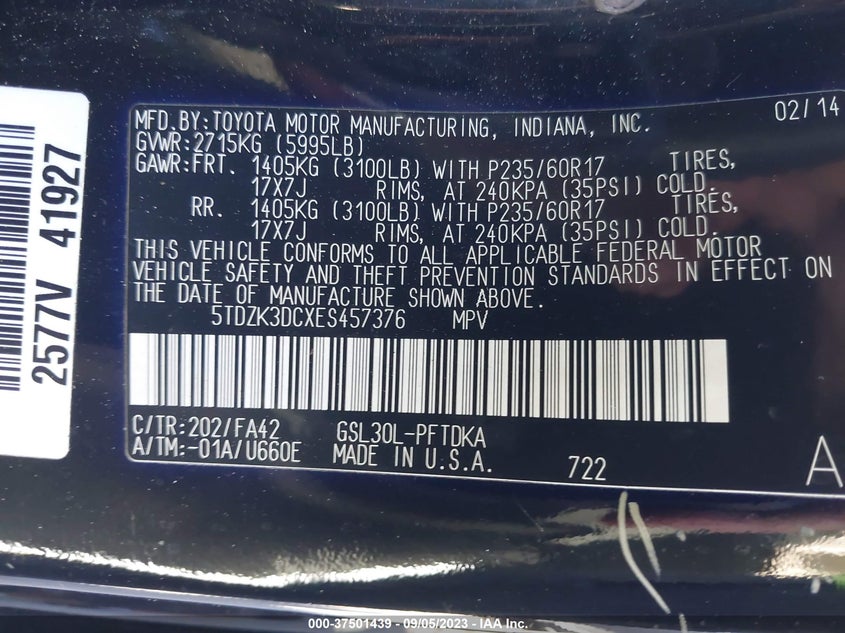 2014 Toyota Sienna L V6 7 Passenger VIN: 5TDZK3DCXES457376 Lot: 37501439