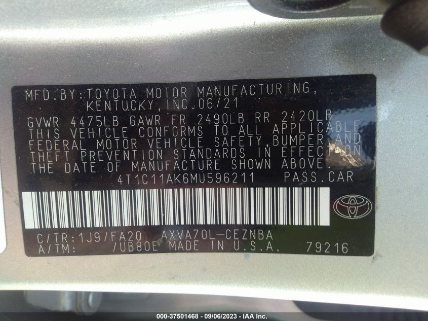 4T1C11AK6MU596211 2021 Toyota Camry Le