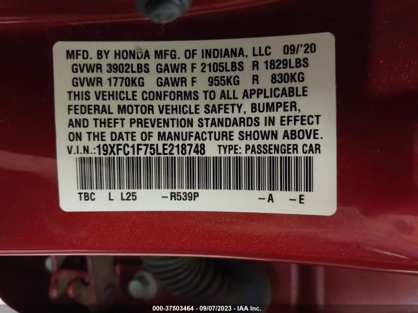 2020 Honda Civic Ex-L VIN: 19XFC1F75LE218748 Lot: 37503464