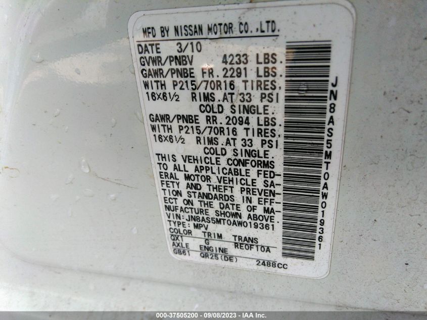 2010 Nissan Rogue S VIN: JN8AS5MT0AW019361 Lot: 40672987