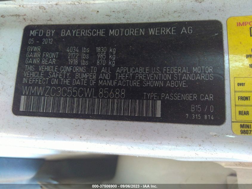 2012 Mini Cooper S Countryman VIN: WMWZC3C55CWL85688 Lot: 37506900