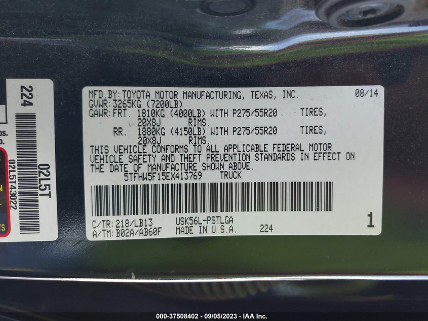 2014 TOYOTA TUNDRA 4WD TRUCK VIN: 5TFHW5F15EX413769