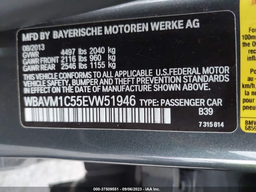 2014 BMW X1 Sdrive28I VIN: WBAVM1C55EVW51946 Lot: 37509551
