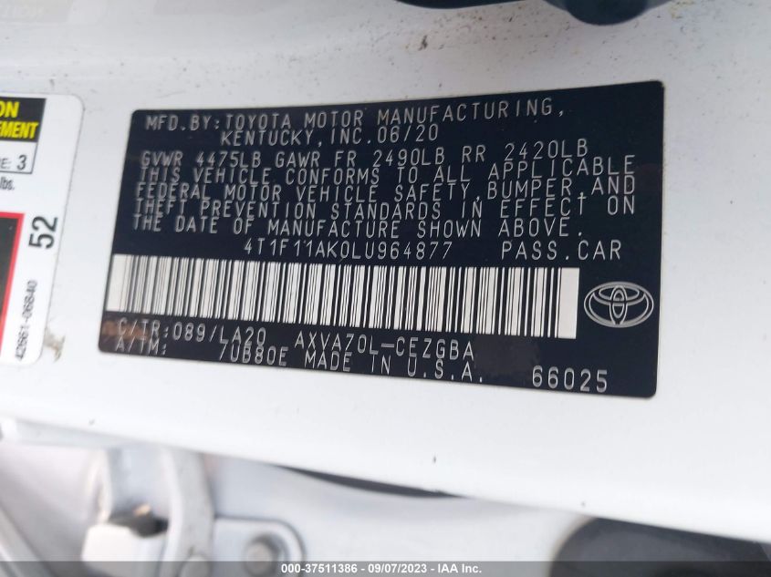 4T1F11AK0LU964877 2020 Toyota Camry Xle