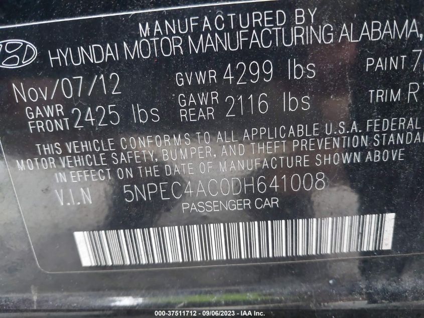 2013 Hyundai Sonata Limited VIN: 5NPEC4AC0DH641008 Lot: 37511712