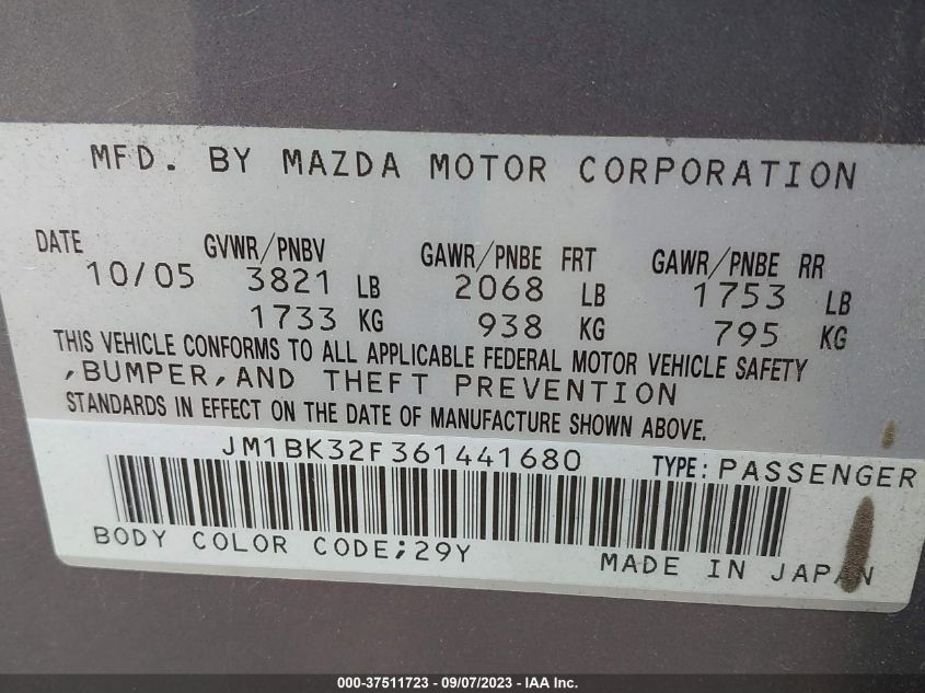 2006 Mazda Mazda3 I VIN: JM1BK32F361441680 Lot: 37511723