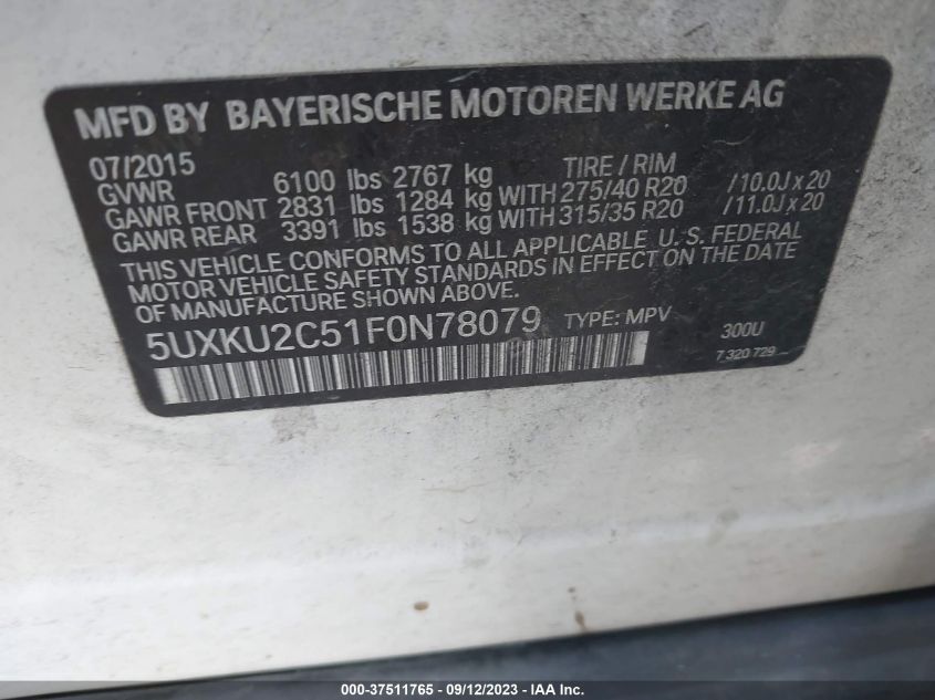 VIN 5UXKU2C51F0N78079 2015 BMW X6, Xdrive35I no.9