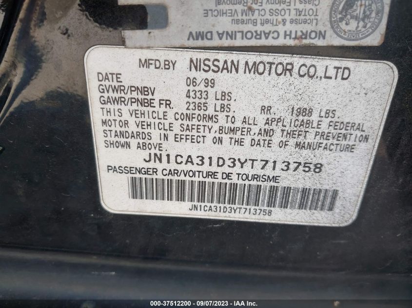 2000 Nissan Maxima Gxe/Gle/Se VIN: JN1CA31D3YT713758 Lot: 37512200