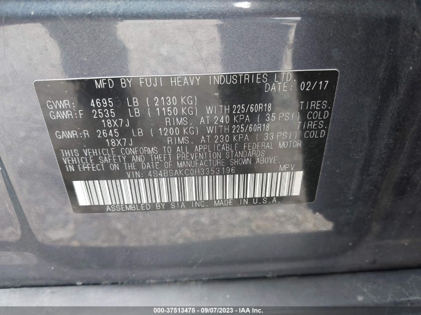 2017 Subaru Outback 2.5I Limited VIN: 4S4BSAKC0H3353196 Lot: 37513475