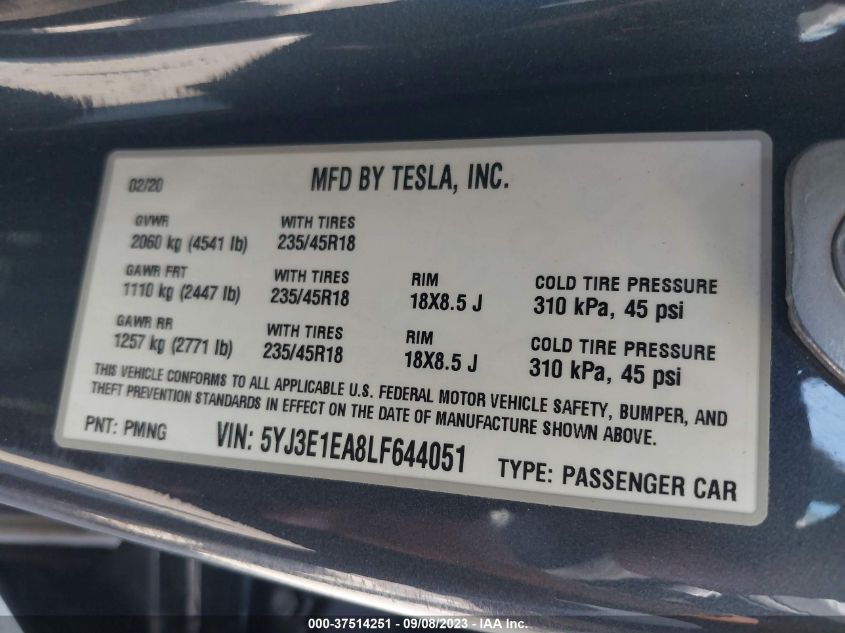 2020 Tesla Model 3 Standard Range Plus Rear-Wheel Drive/Standard Range Rear-Wheel Drive VIN: 5YJ3E1EA8LF644051 Lot: 40868382