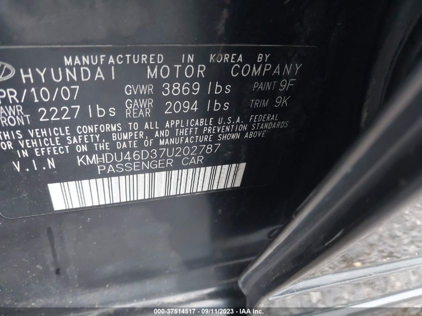 2007 Hyundai Elantra Limited/Gls/Se VIN: KMHDU46D37U202787 Lot: 37514517