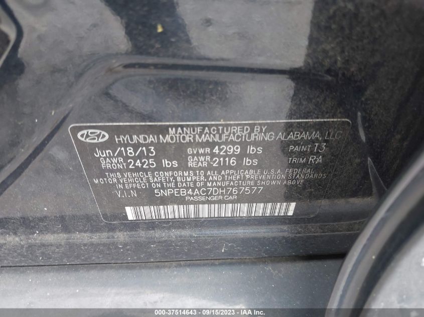 5NPEB4AC7DH767577 2013 Hyundai Sonata Gls