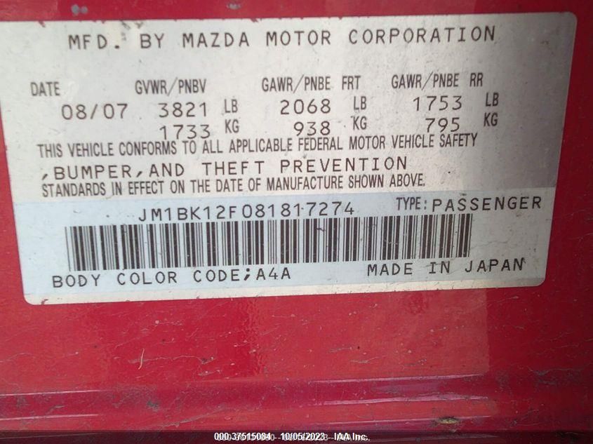 JM1BK12F081817274 2008 Mazda Mazda3 I