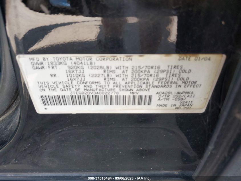 JTEGD20V340022778 2004 Toyota Rav4