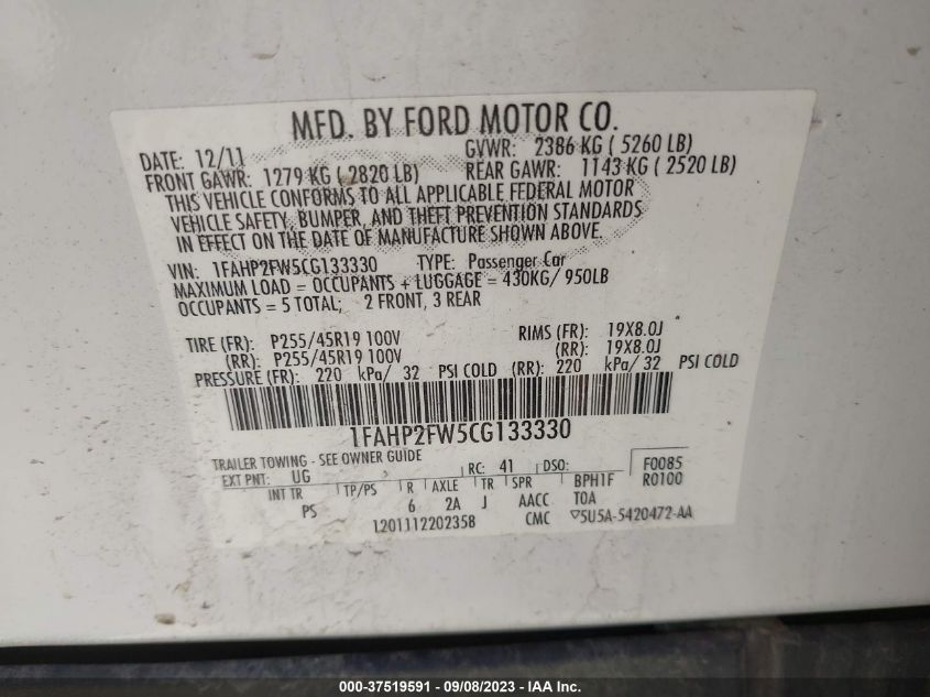 2012 Ford Taurus Limited VIN: 1FAHP2FW5CG133330 Lot: 37519591