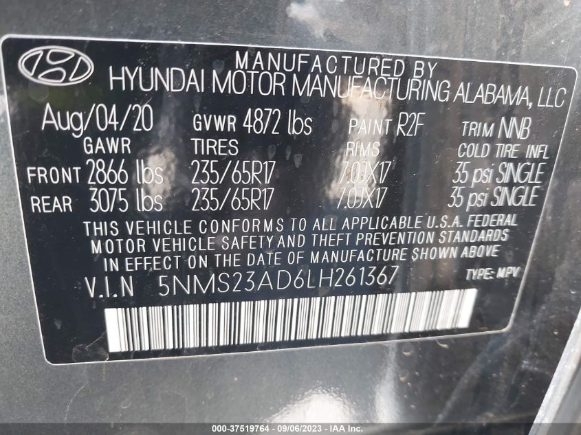 2020 Hyundai Santa Fe Se W/Sulev VIN: 5NMS23AD6LH261367 Lot: 37519764