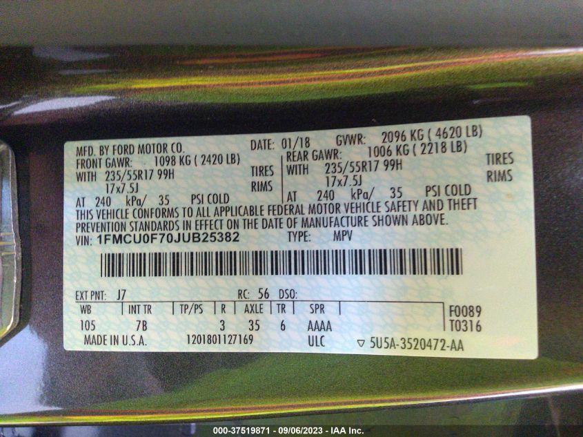 1FMCU0F70JUB25382 2018 Ford Escape S