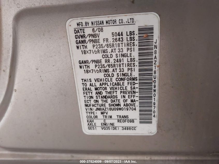 2009 Nissan Murano Sl VIN: JN8AZ18U09W019704 Lot: 37524009