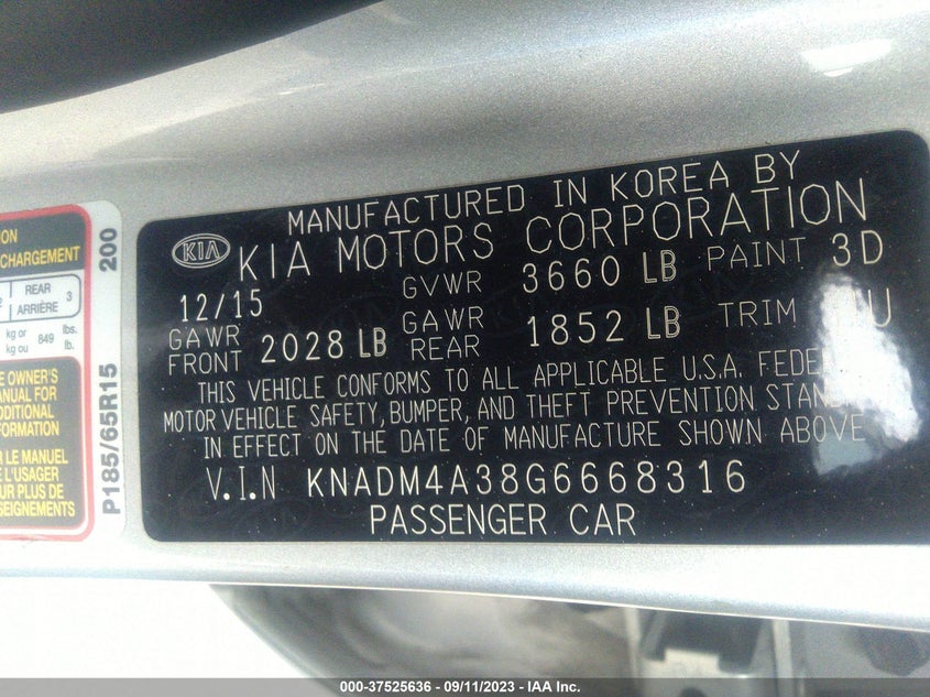 2016 KIA RIO VIN: KNADM4A38G6668316