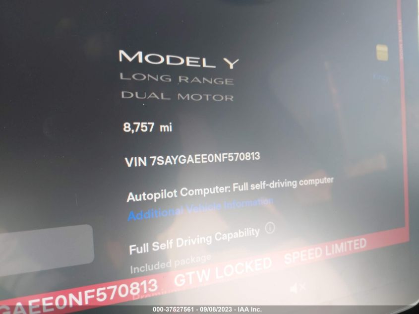 2022 Tesla Model Y Long Range VIN: 7SAYGAEE0NF570813 Lot: 37527561