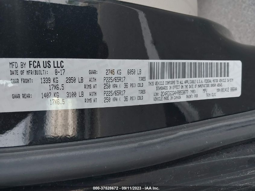 2017 Dodge Grand Caravan Sxt VIN: 2C4RDGCG4HR853077 Lot: 37528672