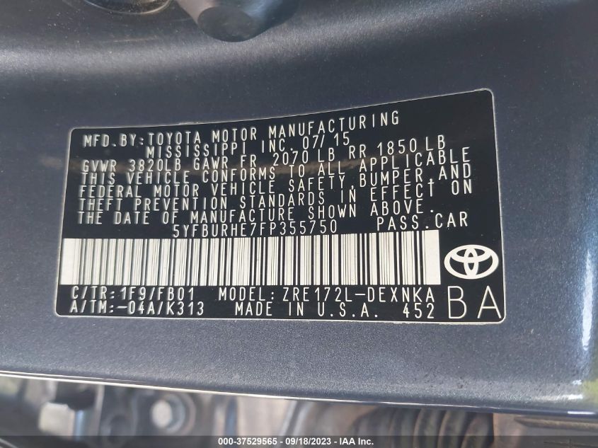 5YFBURHE7FP355750 2015 Toyota Corolla Le