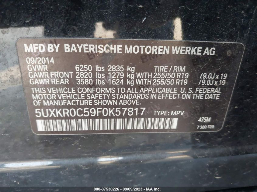 2015 BMW X5 xDrive35I VIN: 5UXKR0C59F0K57817 Lot: 37530226