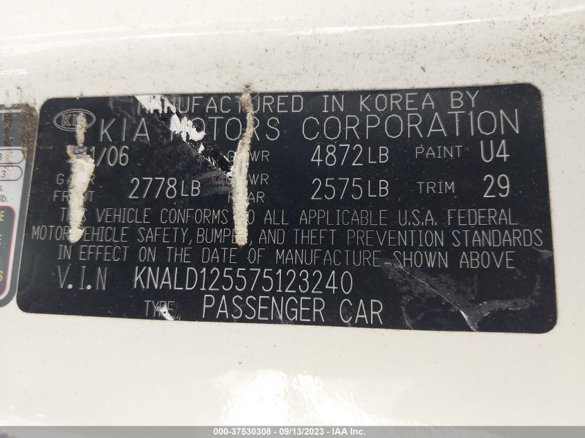 2007 Kia Amanti VIN: KNALD125575123240 Lot: 37530308