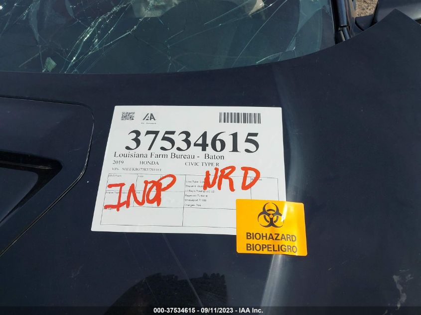 2019 Honda Civic Type R Touring VIN: SHHFK8G73KU201061 Lot: 37534615