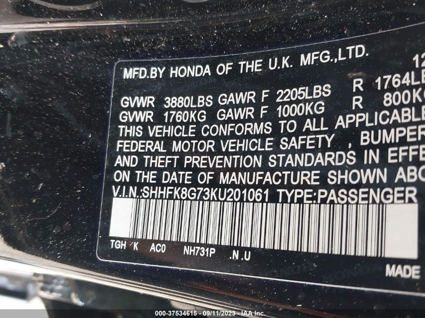 2019 Honda Civic Type R Touring VIN: SHHFK8G73KU201061 Lot: 37534615